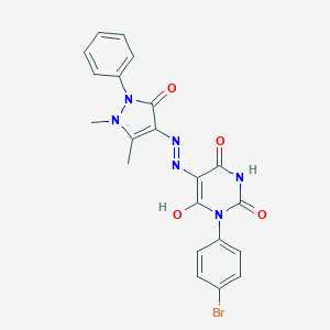 molecular formula C21H17BrN6O4 B391566 (5E)-1-(4-bromophenyl)-5-[2-(1,5-dimethyl-3-oxo-2-phenyl-2,3-dihydro-1H-pyrazol-4-yl)hydrazinylidene]pyrimidine-2,4,6(1H,3H,5H)-trione CAS No. 321968-79-0