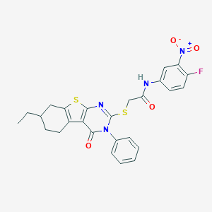 molecular formula C26H23FN4O4S2 B391568 2-[(7-ethyl-4-oxo-3-phenyl-3,4,5,6,7,8-hexahydro[1]benzothieno[2,3-d]pyrimidin-2-yl)sulfanyl]-N-{4-fluoro-3-nitrophenyl}acetamide 