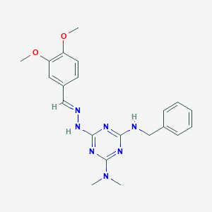 molecular formula C21H25N7O2 B391587 N'-benzyl-6-[(2E)-2-(3,4-dimethoxybenzylidene)hydrazinyl]-N,N-dimethyl-1,3,5-triazine-2,4-diamine 
