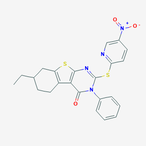 molecular formula C23H20N4O3S2 B391599 7-ethyl-2-[(5-nitropyridin-2-yl)sulfanyl]-3-phenyl-5,6,7,8-tetrahydro[1]benzothieno[2,3-d]pyrimidin-4(3H)-one 