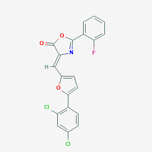 molecular formula C20H10Cl2FNO3 B391608 4-{[5-(2,4-dichlorophenyl)-2-furyl]methylene}-2-(2-fluorophenyl)-1,3-oxazol-5(4H)-one CAS No. 352337-17-8
