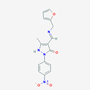 molecular formula C16H14N4O4 B391621 4-{[(2-furylmethyl)imino]methyl}-2-{4-nitrophenyl}-5-methyl-1,2-dihydro-3H-pyrazol-3-one CAS No. 371947-32-9