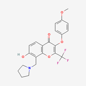 molecular formula C22H20F3NO5 B3916384 7-hydroxy-3-(4-methoxyphenoxy)-8-(1-pyrrolidinylmethyl)-2-(trifluoromethyl)-4H-chromen-4-one 