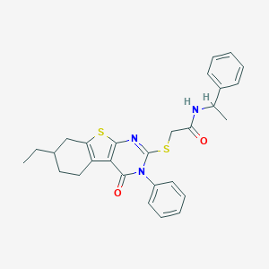 molecular formula C28H29N3O2S2 B391647 2-[(7-ethyl-4-oxo-3-phenyl-5,6,7,8-tetrahydro-[1]benzothiolo[2,3-d]pyrimidin-2-yl)sulfanyl]-N-(1-phenylethyl)acetamide CAS No. 331982-00-4