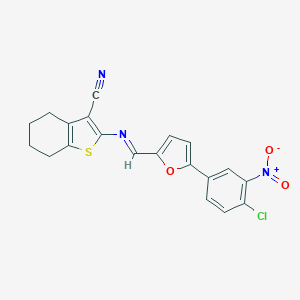 molecular formula C20H14ClN3O3S B391651 2-{[(5-{4-Chloro-3-nitrophenyl}-2-furyl)methylene]amino}-4,5,6,7-tetrahydro-1-benzothiophene-3-carbonitrile 