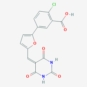 molecular formula C16H9ClN2O6 B391709 2-chloro-5-{5-[(2,4,6-trioxotetrahydropyrimidin-5(2H)-ylidene)methyl]furan-2-yl}benzoic acid 