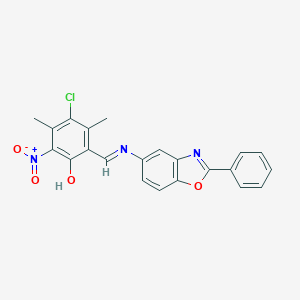 molecular formula C22H16ClN3O4 B391724 4-Chloro-2-nitro-3,5-dimethyl-6-{[(2-phenyl-1,3-benzoxazol-5-yl)imino]methyl}phenol 