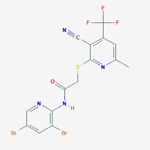 molecular formula C15H9Br2F3N4OS B391742 2-{[3-cyano-6-methyl-4-(trifluoromethyl)-2-pyridinyl]sulfanyl}-N-(3,5-dibromo-2-pyridinyl)acetamide 