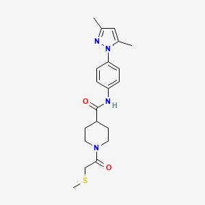 molecular formula C20H26N4O2S B3917564 N-[4-(3,5-dimethyl-1H-pyrazol-1-yl)phenyl]-1-[(methylthio)acetyl]-4-piperidinecarboxamide 