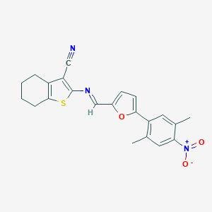 molecular formula C22H19N3O3S B391841 2-{[5-(2,5-Dimethyl-4-nitro-phenyl)-furan-2-ylmethylene]-amino}-4,5,6,7-tetrahydro-benzo[b]thiophene-3-carbonitrile 