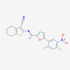 molecular formula C22H19N3O3S B391852 2-({(E)-[5-(2,4-dimethyl-5-nitrophenyl)furan-2-yl]methylidene}amino)-4,5,6,7-tetrahydro-1-benzothiophene-3-carbonitrile 