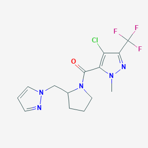 molecular formula C14H15ClF3N5O B3918575 4-chloro-1-methyl-5-{[2-(1H-pyrazol-1-ylmethyl)pyrrolidin-1-yl]carbonyl}-3-(trifluoromethyl)-1H-pyrazole 