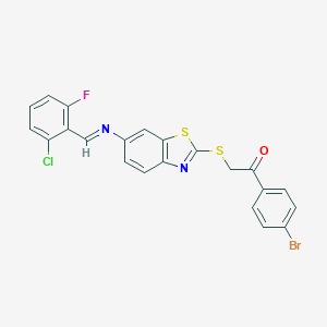 molecular formula C22H13BrClFN2OS2 B392079 1-(4-Bromophenyl)-2-({6-[(2-chloro-6-fluorobenzylidene)amino]-1,3-benzothiazol-2-yl}sulfanyl)ethanone 
