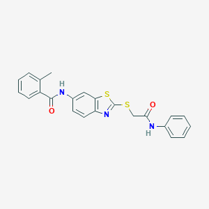 molecular formula C23H19N3O2S2 B392090 N-{2-[(2-anilino-2-oxoethyl)sulfanyl]-1,3-benzothiazol-6-yl}-2-methylbenzamide 