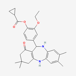 molecular formula C29H34N2O4 B3920910 2-ethoxy-4-(3,3,7,8-tetramethyl-1-oxo-2,3,4,5,10,11-hexahydro-1H-dibenzo[b,e][1,4]diazepin-11-yl)phenyl cyclopropanecarboxylate 