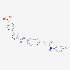 molecular formula C26H17BrN4O4S2 B392108 N-(4-bromophenyl)-2-[(6-{[(5-{4-nitrophenyl}-2-furyl)methylene]amino}-1,3-benzothiazol-2-yl)sulfanyl]acetamide 