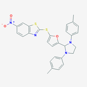 molecular formula C28H24N4O3S2 B392111 2-({5-[1,3-Bis(4-methylphenyl)-2-imidazolidinyl]-2-furyl}sulfanyl)-6-nitro-1,3-benzothiazole 
