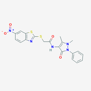 molecular formula C20H17N5O4S2 B392118 N-(1,5-dimethyl-3-oxo-2-phenyl-2,3-dihydro-1H-pyrazol-4-yl)-2-({6-nitro-1,3-benzothiazol-2-yl}sulfanyl)acetamide 