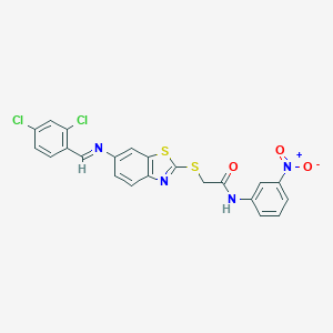 molecular formula C22H14Cl2N4O3S2 B392125 2-({6-[(2,4-dichlorobenzylidene)amino]-1,3-benzothiazol-2-yl}sulfanyl)-N-{3-nitrophenyl}acetamide 