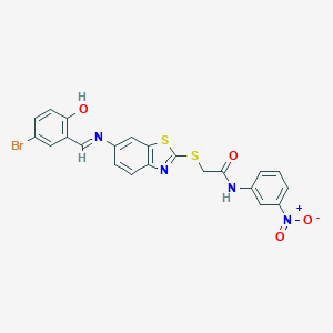 molecular formula C22H15BrN4O4S2 B392131 2-({6-[(5-bromo-2-hydroxybenzylidene)amino]-1,3-benzothiazol-2-yl}sulfanyl)-N-{3-nitrophenyl}acetamide 