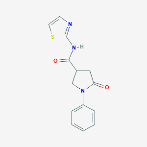 molecular formula C14H13N3O2S B392144 5-oxo-1-phenyl-N-(1,3-thiazol-2-yl)-3-pyrrolidinecarboxamide CAS No. 296801-25-7