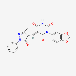 molecular formula C22H16N4O6 B3922195 1-(1,3-benzodioxol-5-yl)-5-[(3-methyl-5-oxo-1-phenyl-4,5-dihydro-1H-pyrazol-4-yl)methylene]-2,4,6(1H,3H,5H)-pyrimidinetrione 