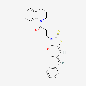 (5E)-5-[(2E)-2-METHYL-3-PHENYLPROP-2-EN-1-YLIDENE]-3-[3-OXO-3-(1,2,3,4-TETRAHYDROQUINOLIN-1-YL)PROPYL]-2-SULFANYLIDENE-1,3-THIAZOLIDIN-4-ONE