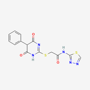 molecular formula C14H11N5O3S2 B3922963 2-[(4,6-dioxo-5-phenyl-1,4,5,6-tetrahydropyrimidin-2-yl)sulfanyl]-N-(1,3,4-thiadiazol-2-yl)acetamide 