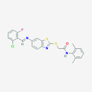 molecular formula C24H19ClFN3OS2 B392343 2-({6-[(2-chloro-6-fluorobenzylidene)amino]-1,3-benzothiazol-2-yl}sulfanyl)-N-(2,6-dimethylphenyl)acetamide 