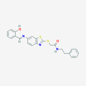 molecular formula C24H21N3O2S2 B392344 2-({6-[(2-hydroxybenzylidene)amino]-1,3-benzothiazol-2-yl}sulfanyl)-N-(2-phenylethyl)acetamide 