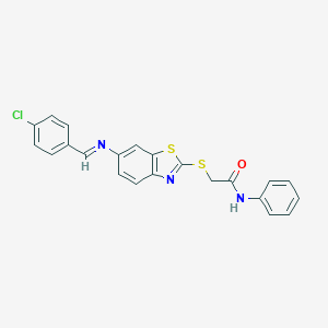 molecular formula C22H16ClN3OS2 B392347 2-({6-[(4-chlorobenzylidene)amino]-1,3-benzothiazol-2-yl}sulfanyl)-N-phenylacetamide 