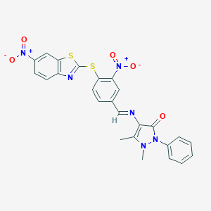1,5-Dimethyl-4-[[3-nitro-4-[(6-nitro-1,3-benzothiazol-2-yl)sulfanyl]phenyl]methylideneamino]-2-phenylpyrazol-3-one