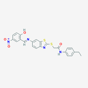 molecular formula C24H20N4O4S2 B392367 N-(4-ethylphenyl)-2-{[6-({2-hydroxy-5-nitrobenzylidene}amino)-1,3-benzothiazol-2-yl]sulfanyl}acetamide 