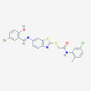 molecular formula C23H17BrClN3O2S2 B392372 2-({6-[(5-bromo-2-hydroxybenzylidene)amino]-1,3-benzothiazol-2-yl}sulfanyl)-N-(5-chloro-2-methylphenyl)acetamide 