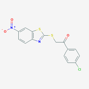 molecular formula C15H9ClN2O3S2 B392375 1-(4-Chlorophenyl)-2-[(6-nitro-1,3-benzothiazol-2-yl)sulfanyl]ethanone 