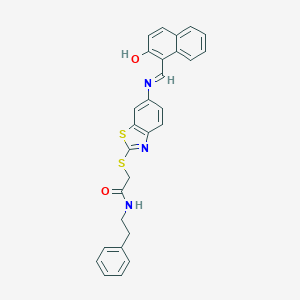 molecular formula C28H23N3O2S2 B392376 2-[(6-{[(2-hydroxy-1-naphthyl)methylene]amino}-1,3-benzothiazol-2-yl)sulfanyl]-N-(2-phenylethyl)acetamide 