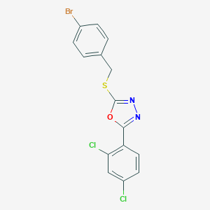 molecular formula C15H9BrCl2N2OS B392388 2-[(4-Bromobenzyl)sulfanyl]-5-(2,4-dichlorophenyl)-1,3,4-oxadiazole 