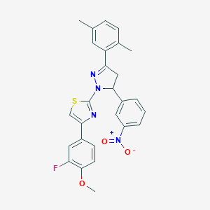 molecular formula C27H23FN4O3S B392407 2-[3-(2,5-dimethylphenyl)-5-(3-nitrophenyl)-4,5-dihydro-1H-pyrazol-1-yl]-4-(3-fluoro-4-methoxyphenyl)-1,3-thiazole 