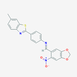 molecular formula C22H15N3O4S B392491 2-{4-[({6-Nitro-1,3-benzodioxol-5-yl}methylene)amino]phenyl}-6-methyl-1,3-benzothiazole 