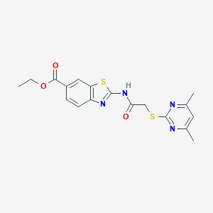 molecular formula C18H18N4O3S2 B392518 Ethyl 2-({[(4,6-dimethyl-2-pyrimidinyl)sulfanyl]acetyl}amino)-1,3-benzothiazole-6-carboxylate 