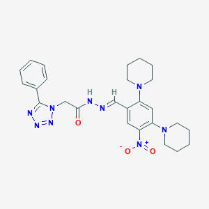 molecular formula C26H31N9O3 B392577 N'-[5-nitro-2,4-di(1-piperidinyl)benzylidene]-2-(5-phenyl-1H-tetraazol-1-yl)acetohydrazide 