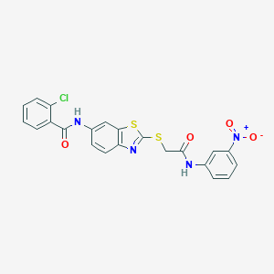 molecular formula C22H15ClN4O4S2 B392578 2-chloro-N-[2-({2-[(3-nitrophenyl)amino]-2-oxoethyl}sulfanyl)-1,3-benzothiazol-6-yl]benzamide 