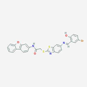 molecular formula C28H18BrN3O3S2 B392581 2-({6-[(5-bromo-2-hydroxybenzylidene)amino]-1,3-benzothiazol-2-yl}sulfanyl)-N-dibenzo[b,d]furan-3-ylacetamide 