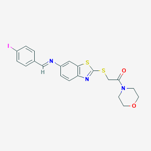 molecular formula C20H18IN3O2S2 B392582 2-[(6-{[(E)-(4-iodophenyl)methylidene]amino}-1,3-benzothiazol-2-yl)sulfanyl]-1-(morpholin-4-yl)ethanone 