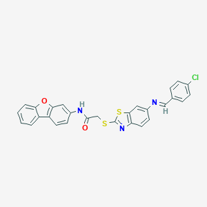 molecular formula C28H18ClN3O2S2 B392594 2-({6-[(4-chlorobenzylidene)amino]-1,3-benzothiazol-2-yl}sulfanyl)-N-dibenzo[b,d]furan-3-ylacetamide 
