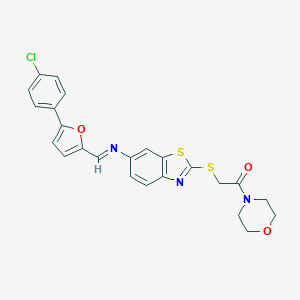 molecular formula C24H20ClN3O3S2 B392595 2-{[6-({(Z)-1-[5-(4-chlorophenyl)-2-furyl]methylidene}amino)-1,3-benzothiazol-2-yl]sulfanyl}-1-morpholino-1-ethanone 