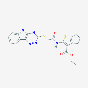 molecular formula C22H21N5O3S2 B392612 ethyl 2-({[(5-methyl-5H-[1,2,4]triazino[5,6-b]indol-3-yl)sulfanyl]acetyl}amino)-5,6-dihydro-4H-cyclopenta[b]thiophene-3-carboxylate 