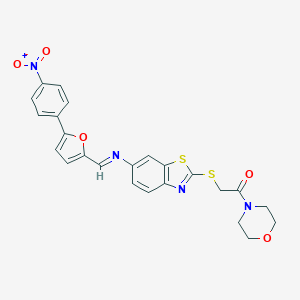 molecular formula C24H20N4O5S2 B392613 6-{[(5-{4-Nitrophenyl}-2-furyl)methylene]amino}-2-{[2-(4-morpholinyl)-2-oxoethyl]sulfanyl}-1,3-benzothiazole 