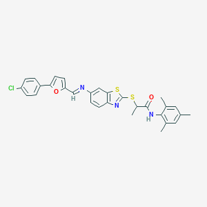 2-{[6-({[5-(4-chlorophenyl)-2-furyl]methylene}amino)-1,3-benzothiazol-2-yl]sulfanyl}-N-mesitylpropanamide