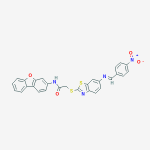 molecular formula C28H18N4O4S2 B392626 N-dibenzo[b,d]furan-3-yl-2-{[6-({4-nitrobenzylidene}amino)-1,3-benzothiazol-2-yl]sulfanyl}acetamide 